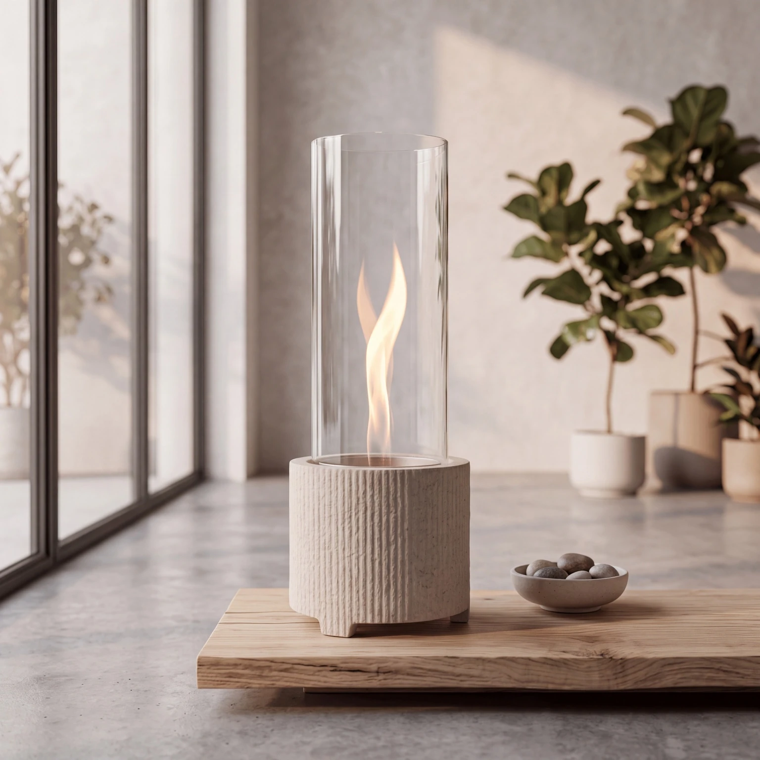Glow Cycloflame Table on a pale wooden table by the window