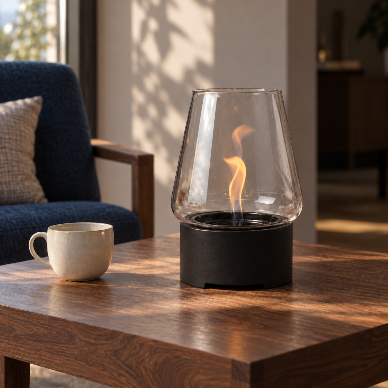 Black Magnolia on a wooden table beside an armchair