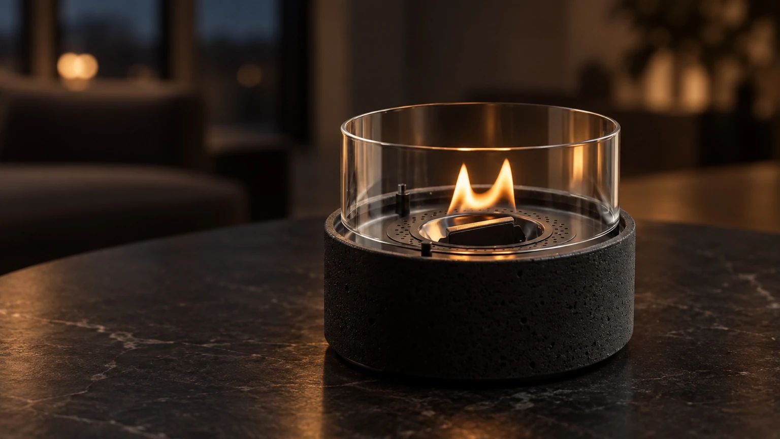 Detail of black Café 18 Lava with glass guard and flat steel wick