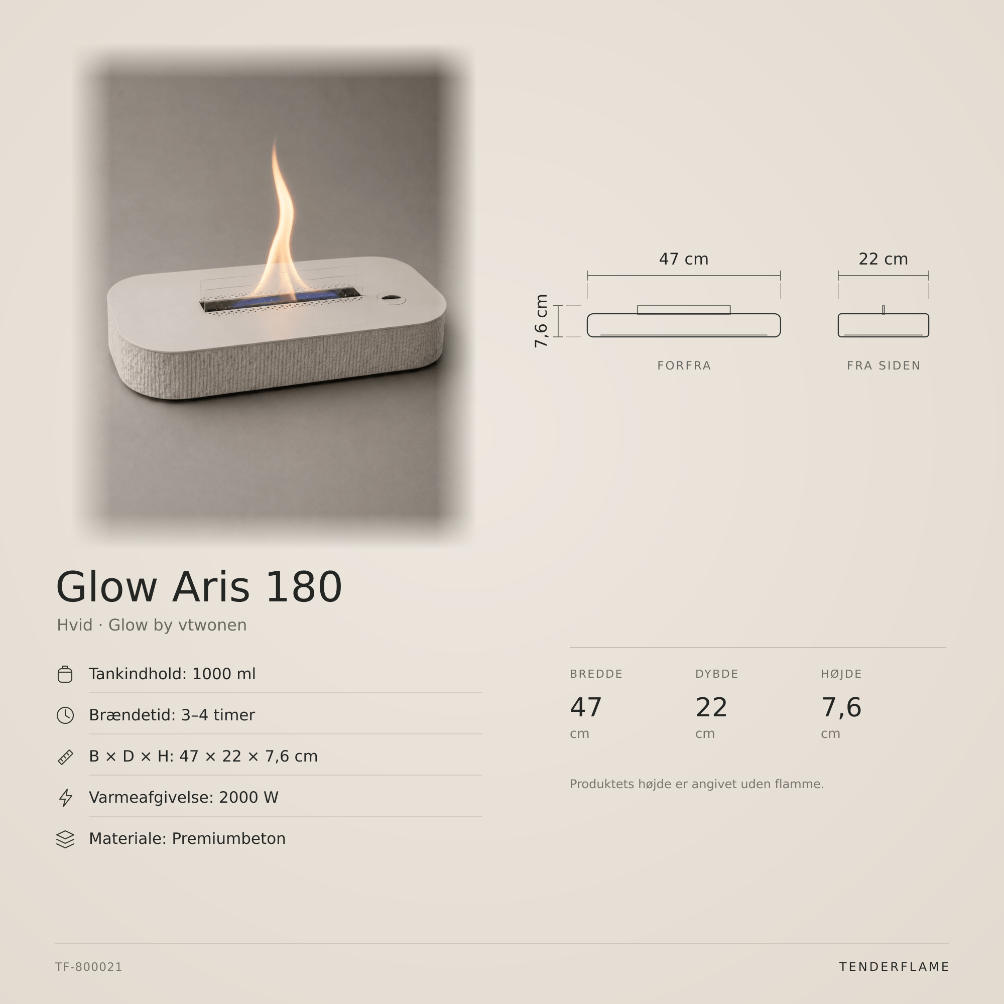 vtwonen Glow Aris 180 bordpejs, hvid