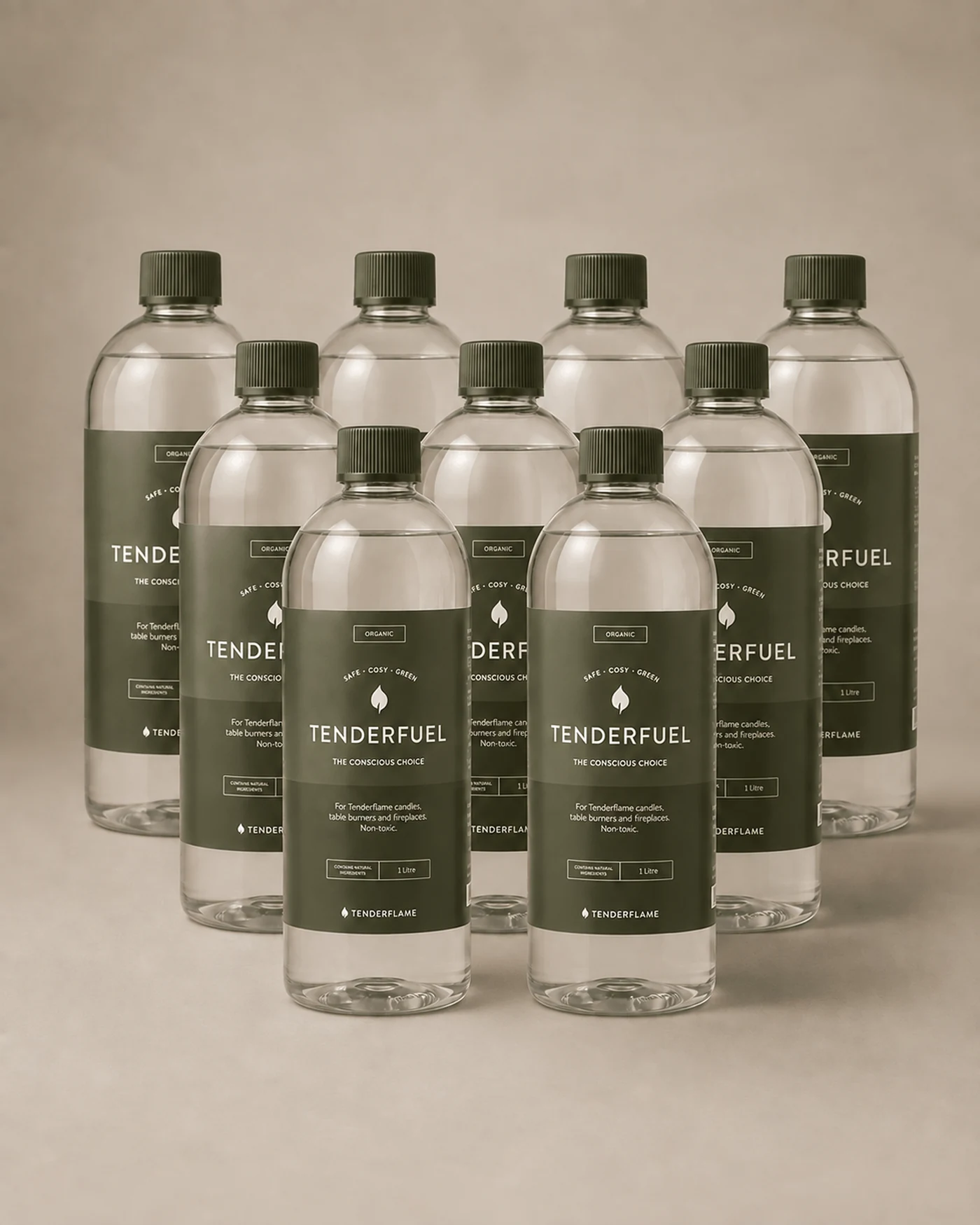 Negen flessen Tenderfuel van 1 liter.