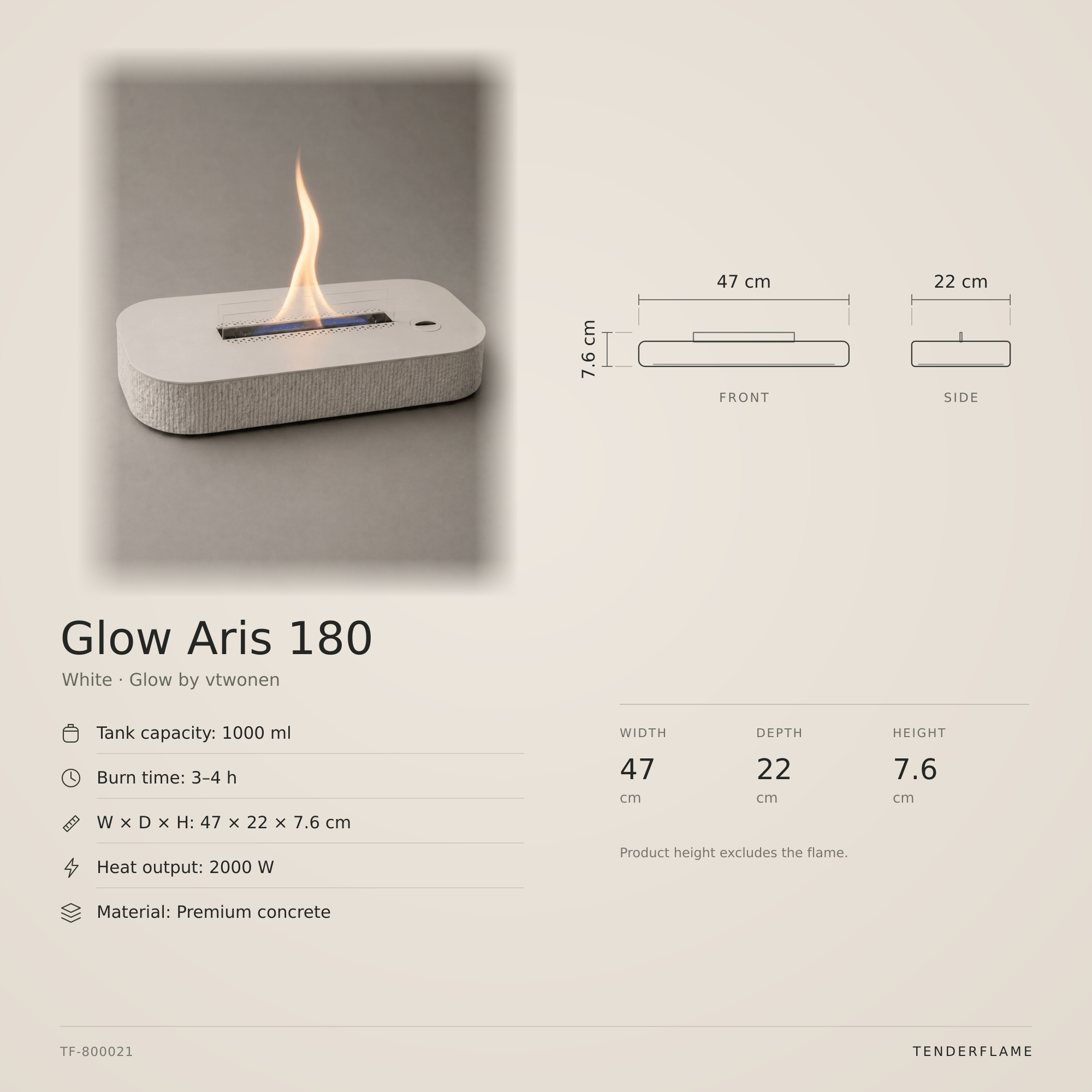 vtwonen Glow Aris 180 tafelhaard, wit