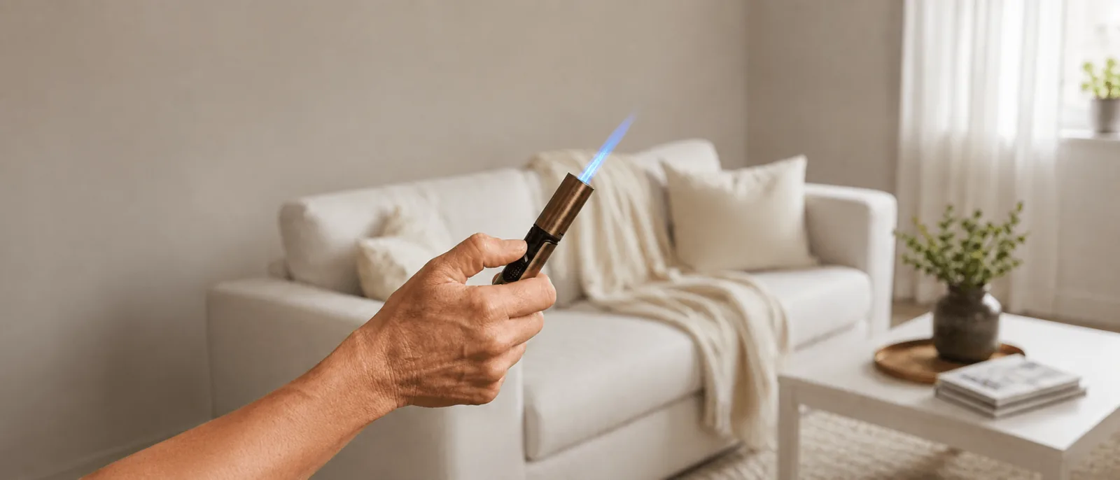 A hand using a Tenderflame lighter in a bright living room