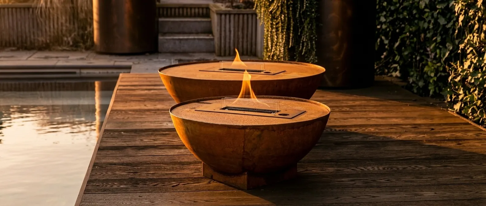 Two Tenderflame corten steel fireplaces alight beside a pool